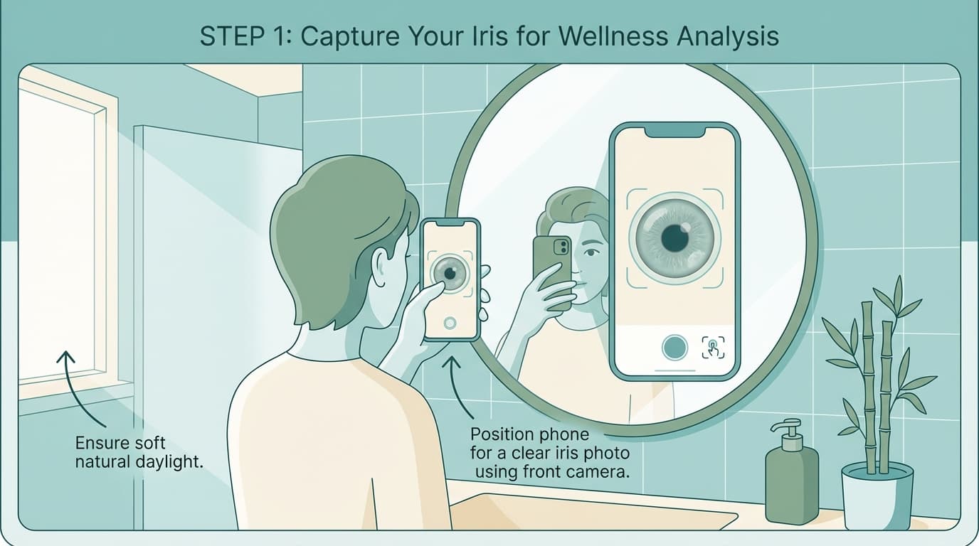 Illustration showing how to photograph your eye using a phone's front camera and a mirror