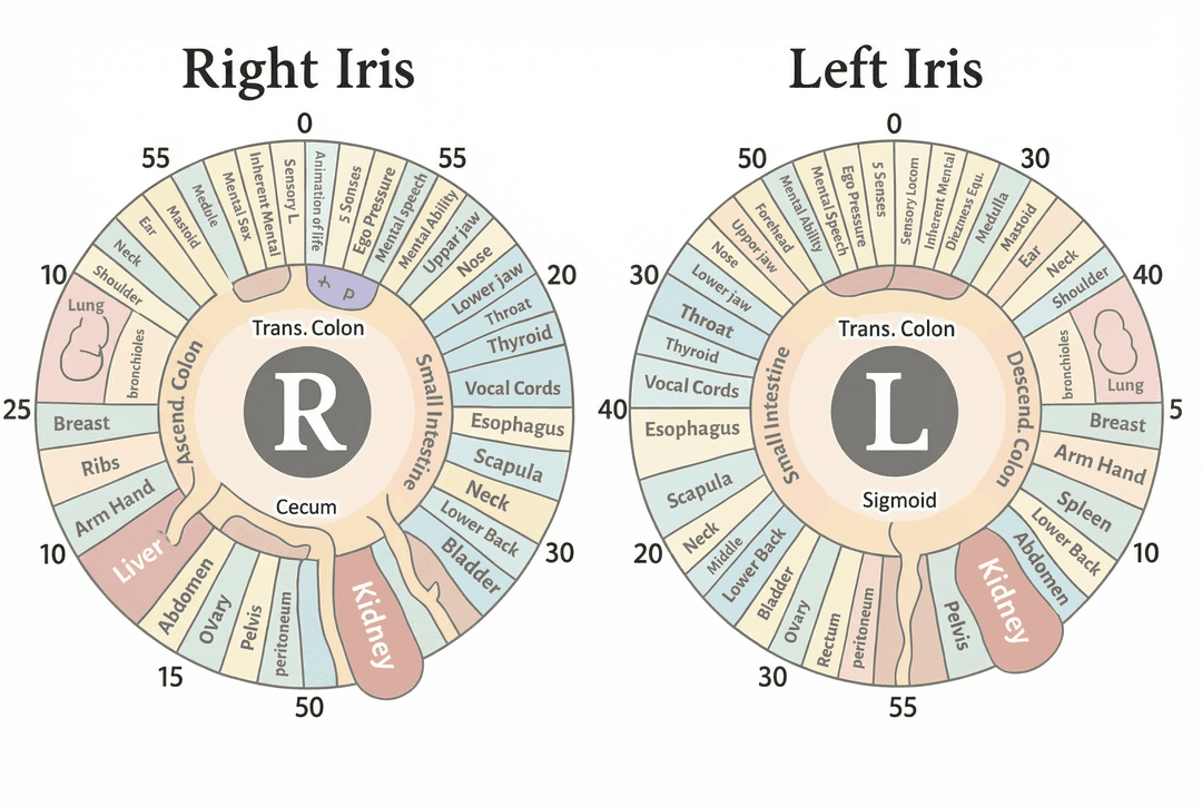 Iris map showing different zones corresponding to body systems